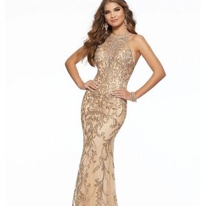 Gold Embellished Backless Halter Gown